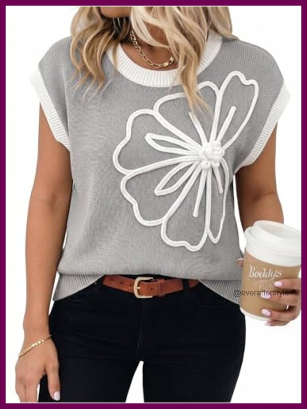 Embroidered Floral Knit Sweater Vest Crew Neck Short Sleeve Loose Fit Pullover